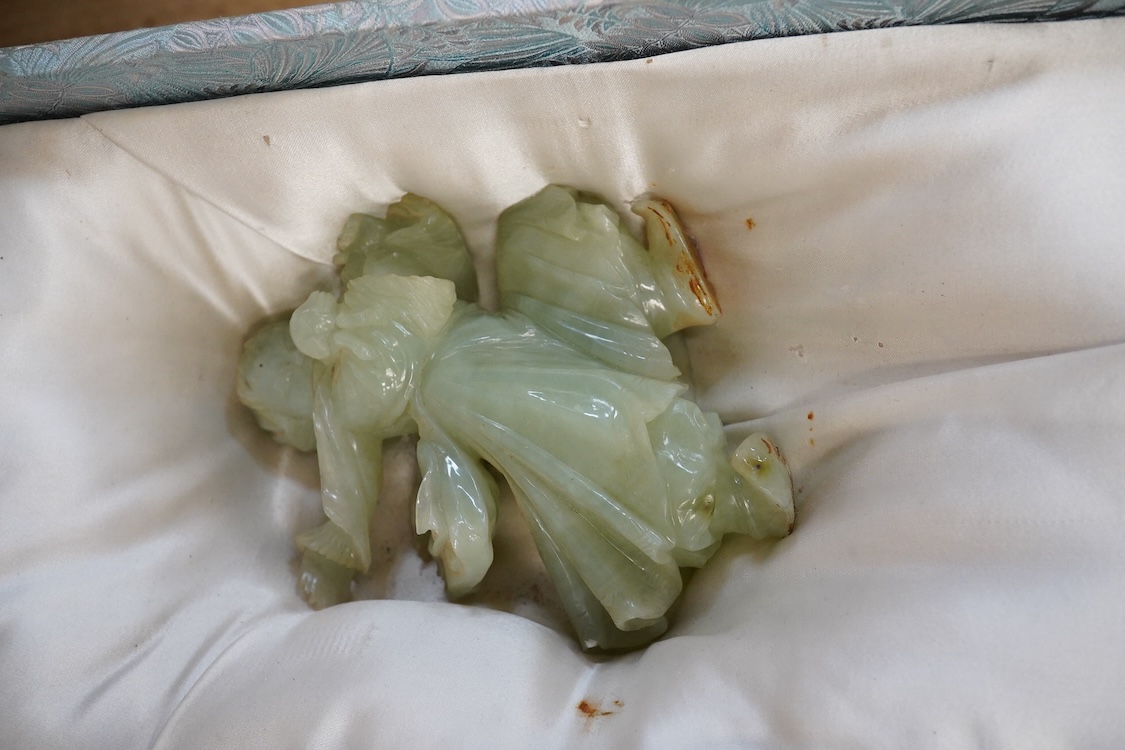 A Chinese silk brocade box containing six Chinese hard stone coloured carved animals and a wooden and metal inlaid stand, largest a horse 19cm wide